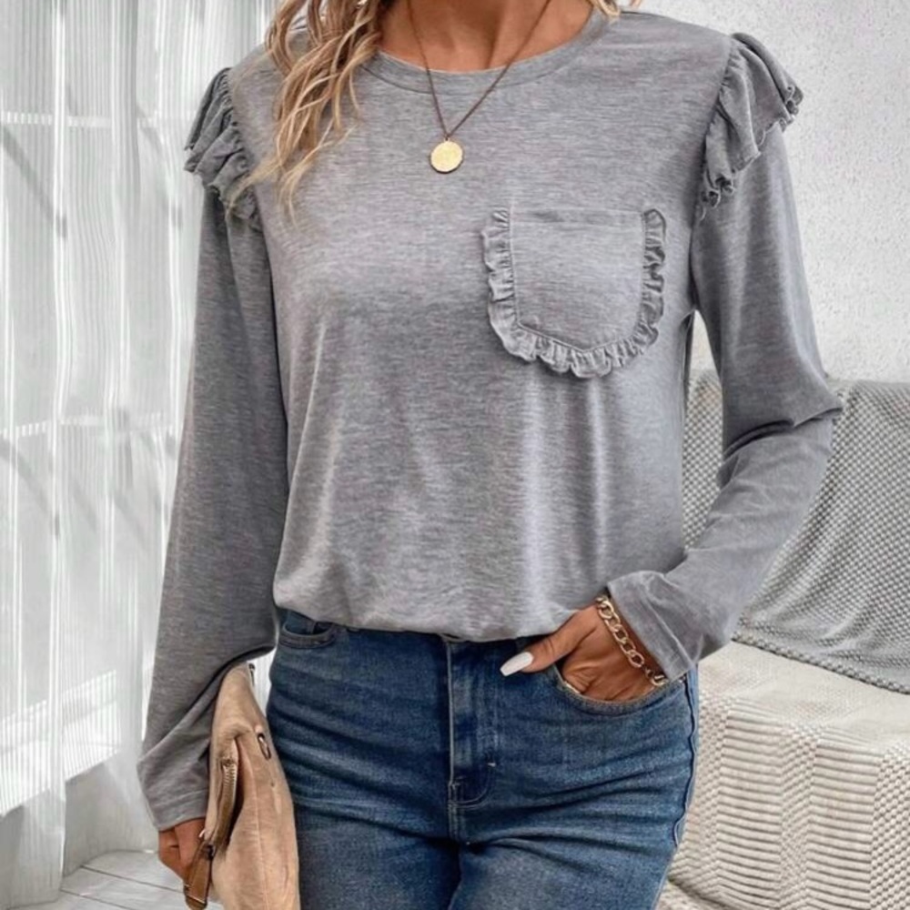⭐️ 3/$13  Gray Long Sleeve Shirt with Ruffled Sleeves & Pocket - SHEIN Size L